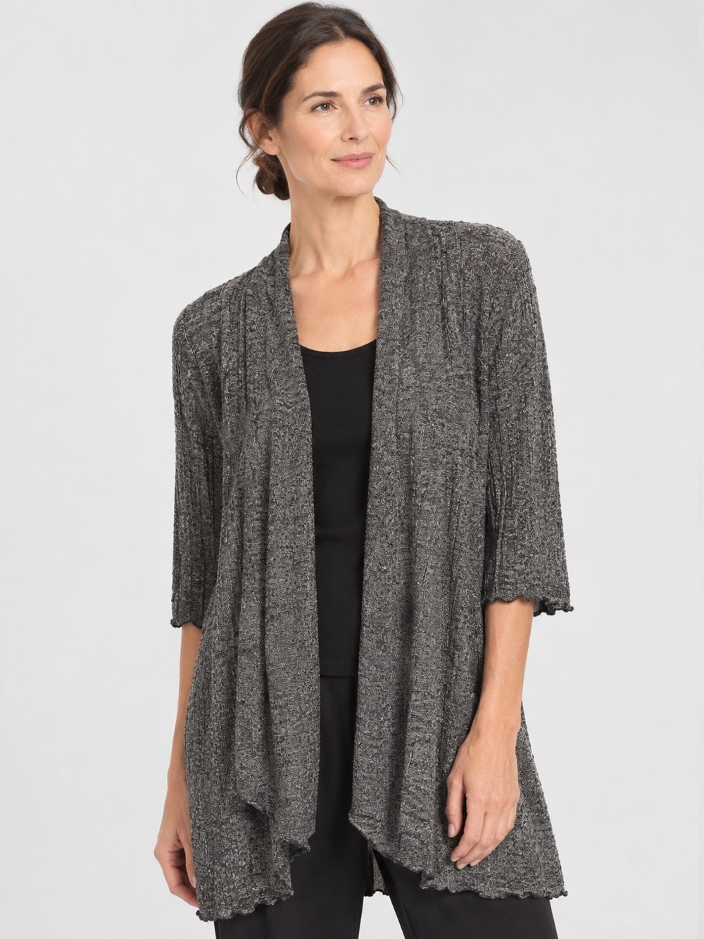 Eileen Fisher Linen Charcoal Grey Textured Open-Front Cardigan